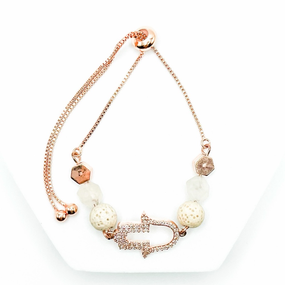 Rose Gold Adjustable Bracelet with Hamsa Charm and Lava Beads